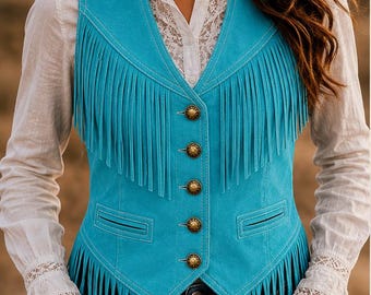 May include: A turquoise suede vest with fringe detailing and gold-colored buttons. The vest has a V-neck and is worn over a white lace-trimmed blouse. A brown leather belt with a decorative buckle completes the look.