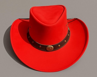 Handmade Red Leather Cowboy Hat | Western Festival Steampunk Cosplay