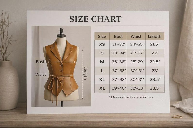 以下が含まれることがあります： ボタン留めと結びベルトが付いたタン色の革製ベスト。マネキンに展示されています。サイズチャートは、XSからXLまでのバスト、ウエスト、長さの測定値をインチで示しています。ベストの長さは54.6〜59.7cmです。