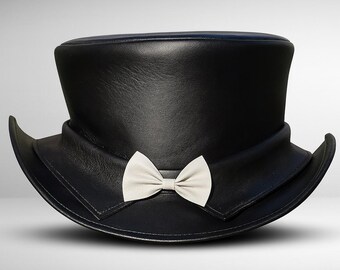 Gothic Steampunk Black Leather Top Hat Minimalist Star Accent Hat