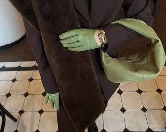 Vintage Sheepskin Leather Gloves, Winter Driving Gloves, Warm Button Cuff