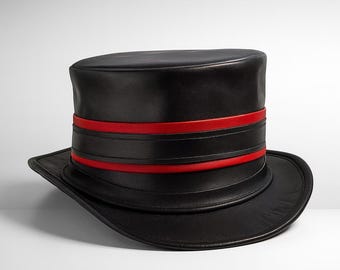 Handmade Steampunk Leather Top Hat Gothic Cosplay Red Band Accent