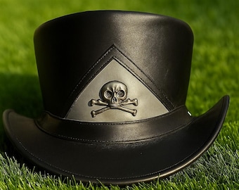 Handmade Leather Gothic Steampunk Top Hat Skull Design Cosplay
