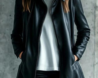 Women's Handmade Black Leather Jacket | Genuine Black Leather Coat Jacket | Women's Black Moto Biker Coat