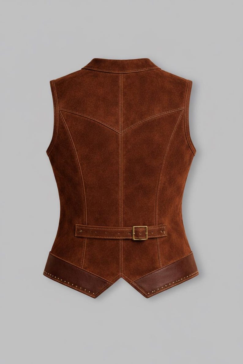 May include: A brown suede waistcoat with a notched collar and a fitted shape. The waistcoat has a belt at the waist with a square buckle and decorative stitching. The bottom hem is trimmed with darker brown leather.