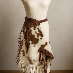 May include: Cowhide chaps with a brown leather belt and accents. The chaps feature a white and brown spotted pattern, fringe along the bottom, and decorative leather details. The chaps are displayed on a mannequin.