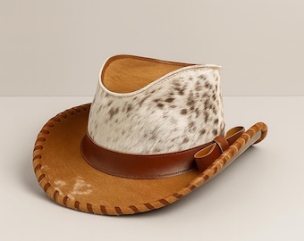 Handmade Cowhide Leather Cowboy Hat – Spotted Western Style with Bow
