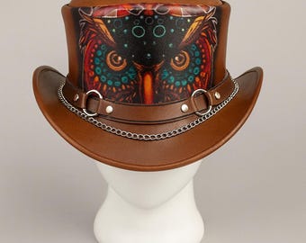 Handmade Steampunk Gothic Leather Top Ha Painted Owl Design