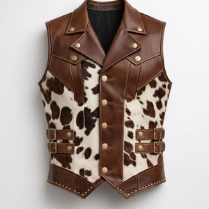 May include: Brown leather vest with a cowhide pattern. The vest features a notched collar, gold-colored buttons, and two buckle straps. The bottom hem is studded with small gold rivets. A stylish outerwear piece.