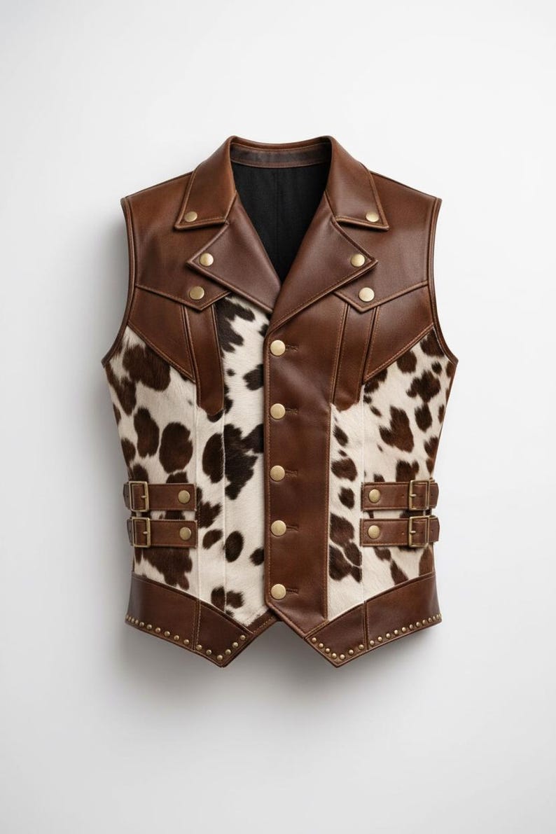 May include: Brown leather vest with a cowhide pattern. The vest features a notched collar, gold-colored buttons, and two buckle straps. The bottom hem is studded with small gold rivets. A stylish outerwear piece.