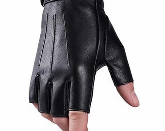 Black Fingerless Sheepskin Leather Gloves, Vintage Biker Driving Gloves