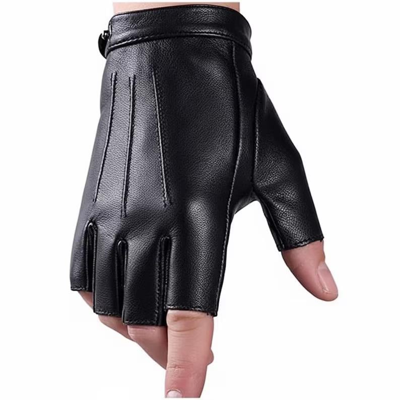 Black Fingerless Sheepskin Leather Gloves, Vintage Biker Driving Gloves Black