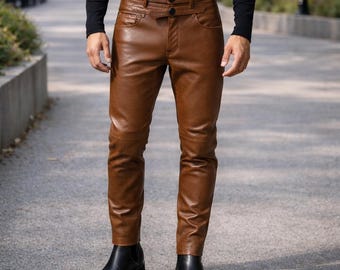 Brown Leather Pants Men Handmade Lambskin Slim Fit Biker jeans