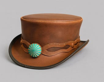 Handmade Brown Leather Steampunk Hat Turquoise Concho Western Festival & Cosplay Hat