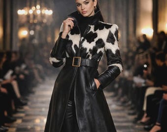 Women’s Black Belted Long Coat | Cowhide Leather Coat | Elegant Winter Fashion Outerwear for Women