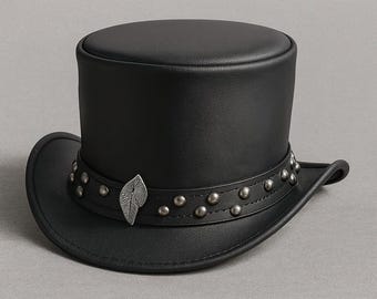 Handmade Black Leather Steampunk Top Hat Gothic Studded Cosplay Hat