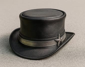 Handmade Black Leather Steampunk Hat with Silver Star Concho  Gothic Western Festival Cosplay Hat