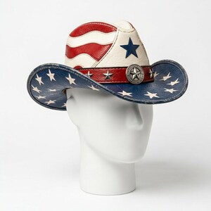 Op de afbeelding: Een cowboyhoed in rood, wit en blauw. De kroon heeft rode en witte strepen, een blauwe ster en een blauwe rand met witte sterren. Een leren band met steraccenten en een zilveren embleem omcirkelt de hoed. De hoed wordt getoond op een witte mannequin hoofd.