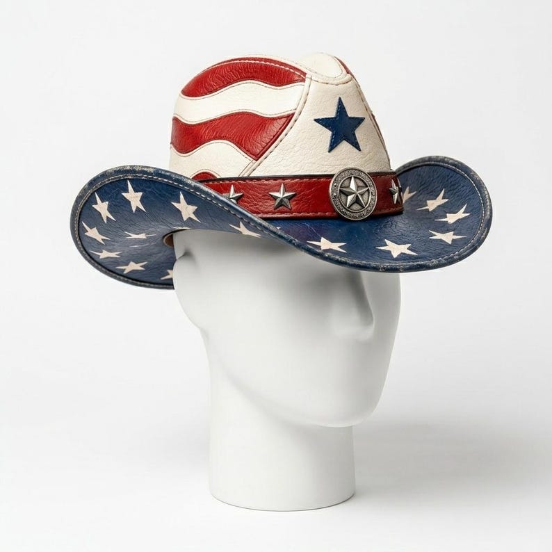 Op de afbeelding: Een cowboyhoed in rood, wit en blauw. De kroon heeft rode en witte strepen, een blauwe ster en een blauwe rand met witte sterren. Een leren band met steraccenten en een zilveren embleem omcirkelt de hoed. De hoed wordt getoond op een witte mannequin hoofd.