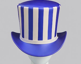 Handmade Blue & White Striped Leather Steampunk Top Hat Gothic Vintage Festival Cosplay Hat