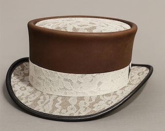 Brown Leather Steampunk Top Hat with Lace Band Gothic Victorian Cosplay Hat