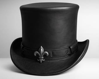 Gothic Steampunk Black Leather Top Hat with Fleur-de Lis Accent