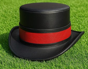 Handmade Black Leather Top Hat Steampunk, Gothic Cosplay with Red Band