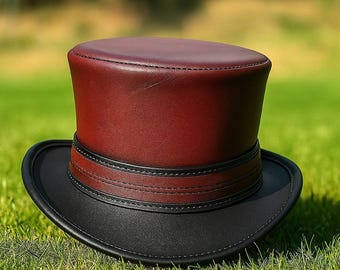 Handmade Burgundy Black Leather Steampunk Top Hat | Gothic Victorian Festival Cosplay Hat