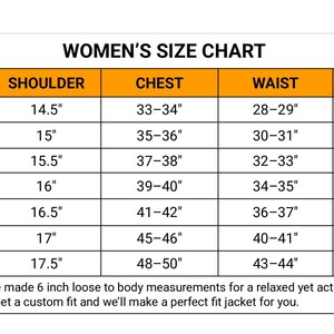 May include: A Women's Size Chart with measurements in inches for shoulders, chest, waist, and sleeves. Sizes range from XXS to 3XL. The chart includes jacket measurements and a note about relaxed fit.