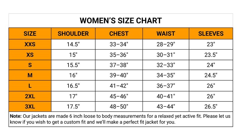 May include: A Women's Size Chart with measurements in inches for shoulders, chest, waist, and sleeves. Sizes range from XXS to 3XL. The chart includes jacket measurements and a note about relaxed fit.
