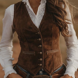 May include: A brown suede waistcoat with a button-up front and two front pockets. The waistcoat is worn over a white collared shirt with lace detailing. A brown leather belt with a decorative buckle is also visible.