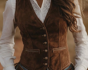 Women’s Brown Suede Leather Vest | Western Vintage Waistcoat