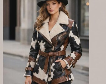 Women’s Cowhide Leather Jacket | Faux Shearling Lined Belted Coat | Trendy Winter Fashion Statement Outerwear