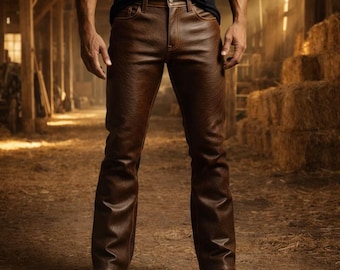 Men’s Genuine Leather Pants | Brown Western Cowboy Style Slim Fit Trousers