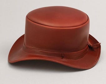 Handmade Burnt Orange Leather Top Hat Minimalist Western Steampunk