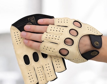 Men Driving Fingerless Leather Gloves Hair Sheep Vintage Beige Brown