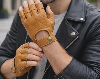 Men's Tan Leather Fingerless Gloves | Quilted Biker Driving Gloves