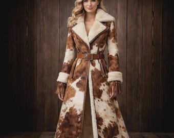 Belted Cowhide Leather Coat | Faux Shearling Trim, Western Style