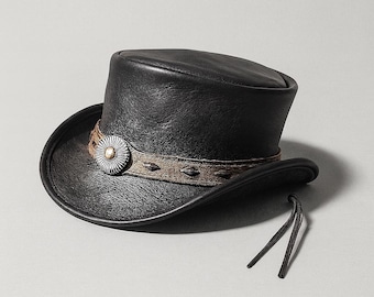 Handmade Black Leather Steampunk Western Hat Rustic Brown Band Cowboy Cosplay Top Hat