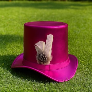 May include: A magenta top hat with a matching brim and band, adorned with a decorative feather. The hat is set against a backdrop of green grass, showcasing its glossy finish and elegant design.