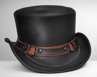 Handmade Black Leather Steampunk Top Hat with Chain & Buckle Band Gothic Festival Cosplay Hat