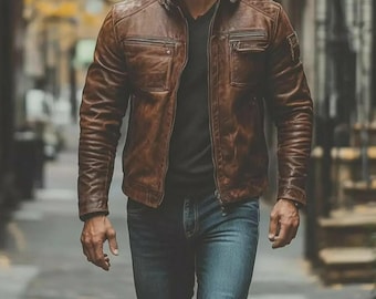 Men’s Distressed Vintage Leather Biker Jacket – Retro Café Racer Motorcycle