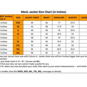 May include: A size chart for men's jackets, detailing chest, waist, shoulder, sleeve, and jacket length measurements in inches. Sizes range from XXS to 4XL, with corresponding chest sizes from 35-36 inches to 51-52 inches.