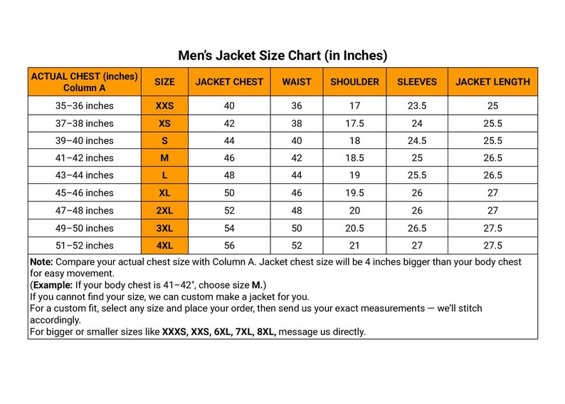 May include: A size chart for men's jackets, detailing chest, waist, shoulder, sleeve, and jacket length measurements in inches. Sizes range from XXS to 4XL, with corresponding chest sizes from 35-36 inches to 51-52 inches.
