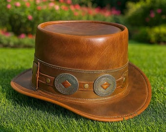 Handmade Brown Leather Steampunk Top Hat Vintage Cosplay Concho Band
