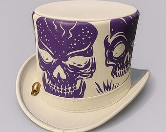 Handmade White Leather Gothic Top Hat Purple Zombie Skull Steampunk Cosplay