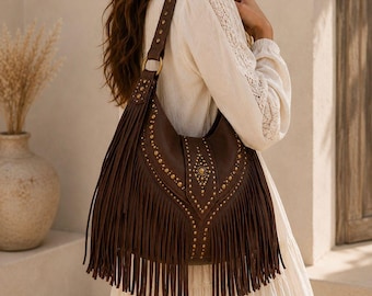Western Fringe Shoulder Bag, Boho Leather Purse, Cowgirl Fringe Handbag, Studded Hobo Bag, Rustic Western Tote