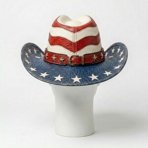 Leren cowboyhoed met Amerikaanse vlag, westernstijl Uncle Sam, band met patriottische sterren afbeelding 4