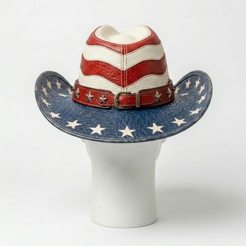 Leren cowboyhoed met Amerikaanse vlag, westernstijl Uncle Sam, band met patriottische sterren afbeelding 4
