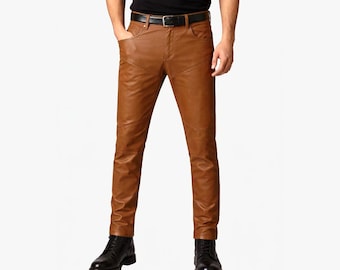 Brown Sheepskin Leather Pants Men Slim Fit Leather Jeans Style